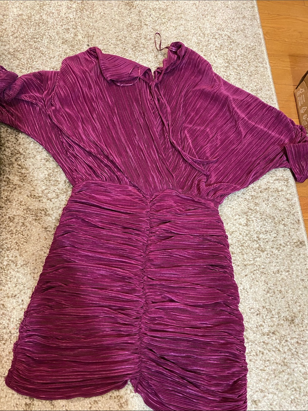 Zara Magenta Pleated Mini Dress with V-Neck Tie